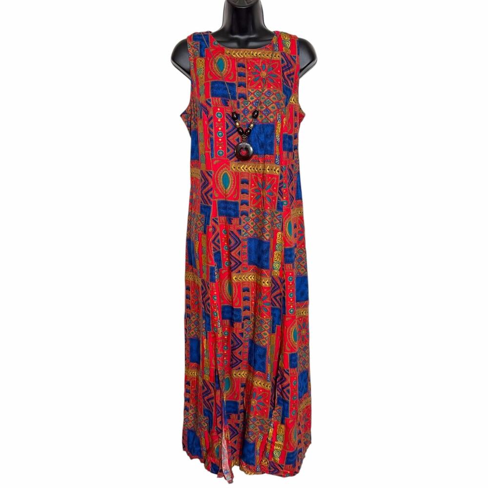 VINTAGE 90s COCO BIANCO LONG MAXI HAWAIIAN SUNDRESS W ATTACHED NECKLACE SIZE 10